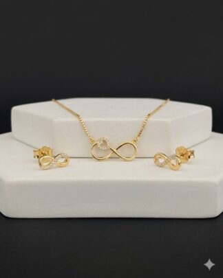 Conjunto de Colar e Brinco com Símbolo do Infinito e Zircônia no Banho de Ouro 18k