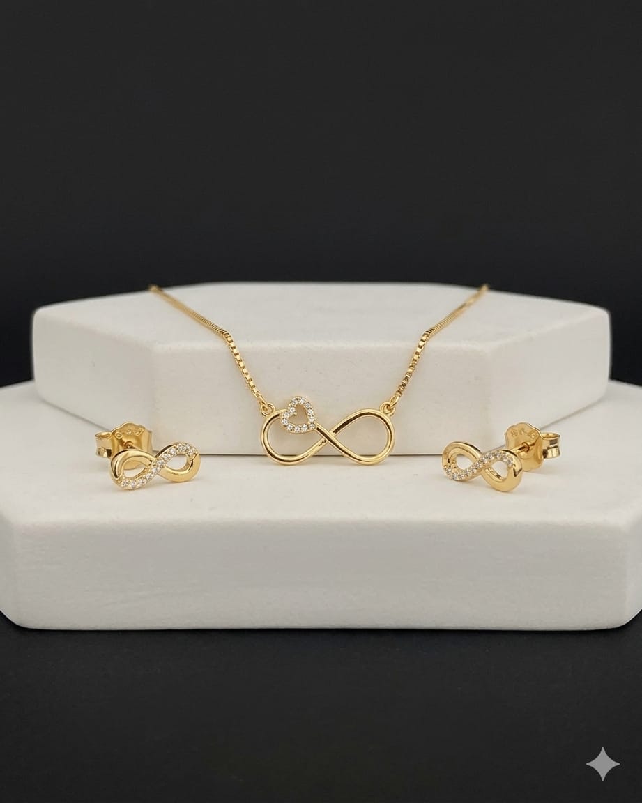 Conjunto de Colar e Brinco com Símbolo do Infinito e Zircônia no Banho de Ouro 18k