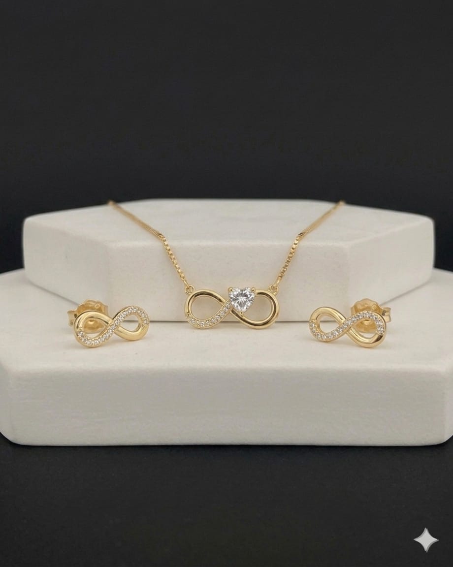 Conjunto de Colar e Brinco com Símbolo do Infinito e Zircônia no Banho de Ouro 18k