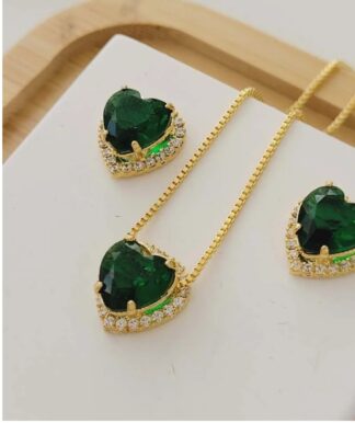 Conjunto Colar e Brinco Coração Verde de Zircônia no Banho de Ouro 18k