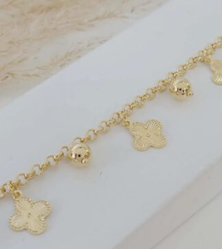 Pulseira de Elos com Trevo e Bolas Banhado em Ouro 18k