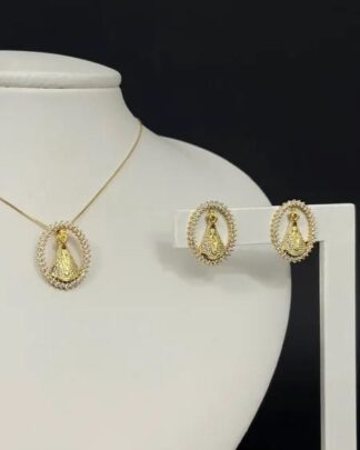 Conjunto Colar e Brinco Nossa Senhora Aparecida Banhado a Ouro 18k com Zircônias