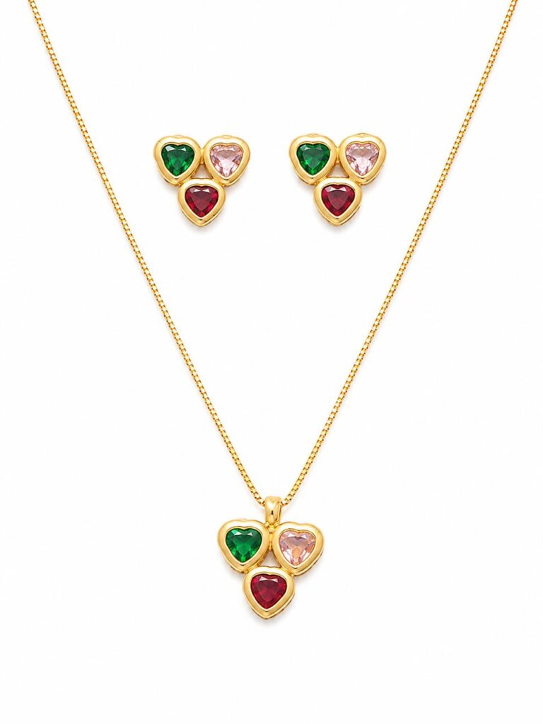 Conjunto de Colar e Brinco Trio Coração Zircônias Coloridas Banhado a Ouro 18k