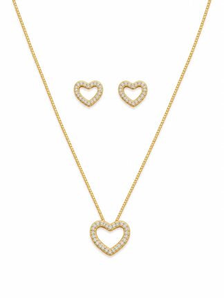 Conjunto de Colar e Brinco Coração Vazado Cravejado  Banho de Ouro 18k