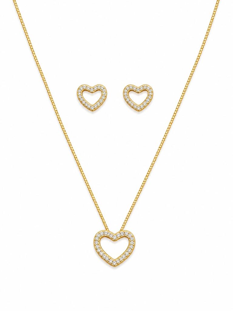 Conjunto de Colar e Brinco Coração Vazado Cravejado Banho de Ouro 18k