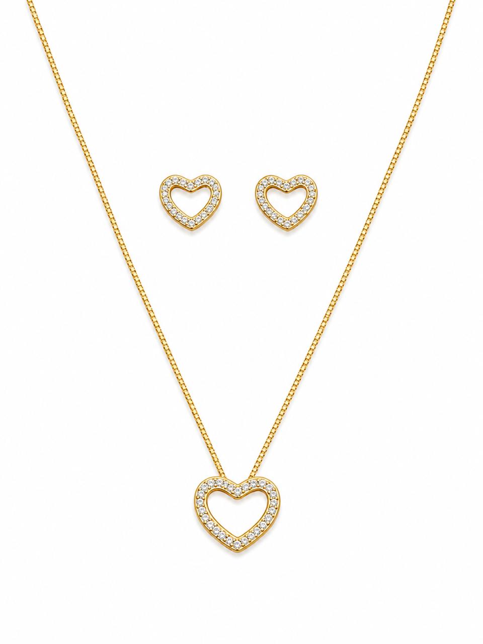 Conjunto de Colar e Brinco Coração Vazado Cravejado Banho de Ouro 18k