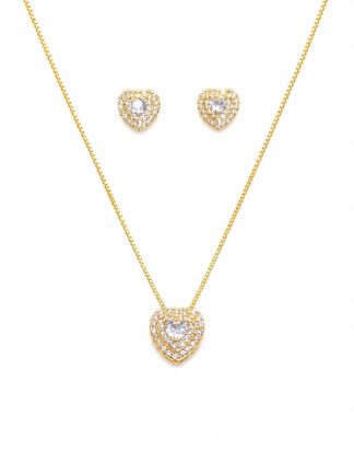 Conjunto de Colar e Brinco Coração Cravejado "double halo" Banhado a Ouro 18k