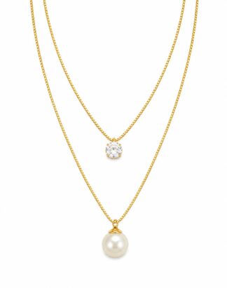 Colar Duplo Ponto de Luz e Pérola Banhado a Ouro 18k