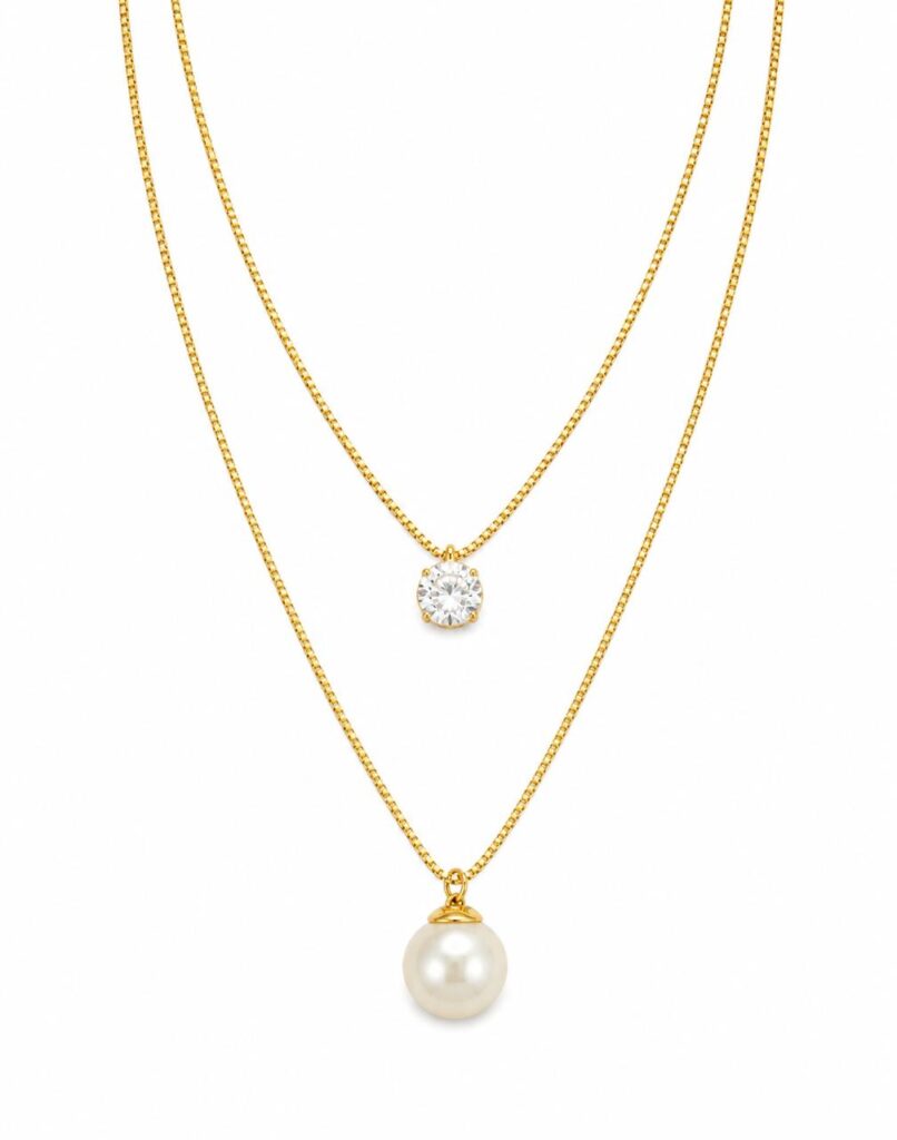 Colar Duplo Ponto de Luz e Pérola Banhado a Ouro 18k