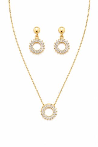 Conjunto Eternity Colar e Brincos Círculo Radiante Banhado a Ouro 18k.