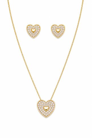 Conjunto Colar e Brincos Coração Cravejado Banho a Ouro 18k