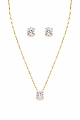 Conjunto Colar e Brincos Solitário Clássico Banhado a Ouro 18k