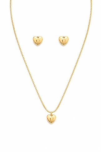 Conjunto Colar e Brincos Coração Abaulado  Banhado a Ouro 18k
