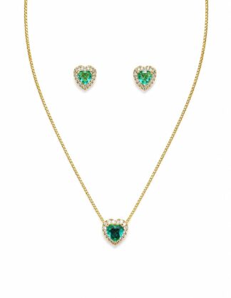 Conjunto Colar e Brincos Coração Esmeralda e Zircônias Banhado a Ouro 18k