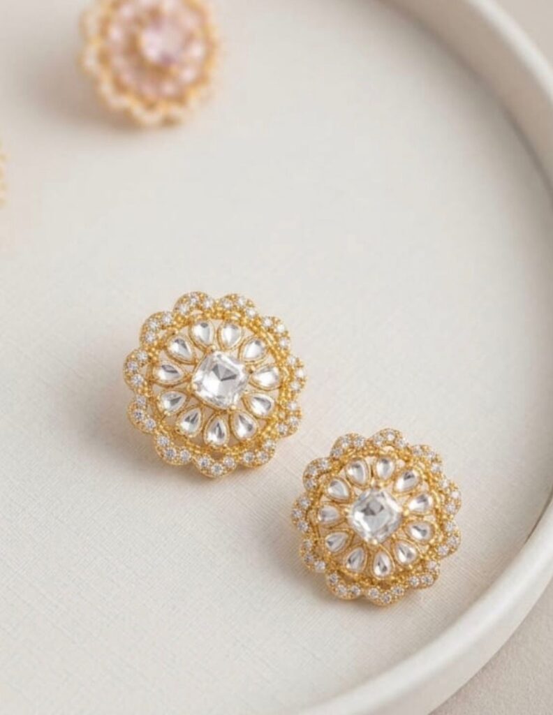 Brinco Botão Mandala em Zircônias Banhado a Ouro 18k