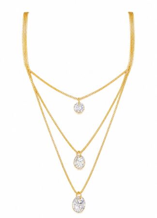 Colar Triplo Cascata - Elos Delicados e Cristais Facetados Banhado a Ouro 18k